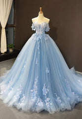 Blue Tulle Long A-Line Prom Dress, Off the Shoulder Evening Dress