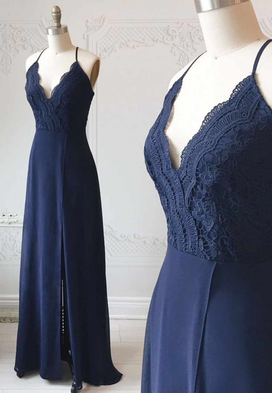 Blue Chiffon Lace Long Prom Dress, Blue A-Line Evening Dress