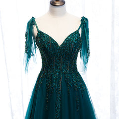 Lovely A-line Straps Tulle Teal Blue Long Evening Dress Prom Dress, A-line Formal Dresses