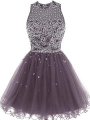 Lovely Beaded Tulle Homecoming Dress, Short Prom Dress