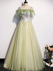 Lovely Flowers Off Shoulder Tulle Long Party Dress, A-line Tulle Light Green Prom Dress