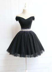 Lovely Off Shoulder Navy Blue Beaded Homecoming Dress, Short Prom Dress