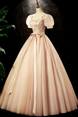 Lovely Tulle Sequins Long Prom Dress, A-Line Short Sleeve Evening Party dress