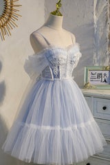 Lovely Tulle Spaghetti Strap Short Prom Dresses, A-Line Lace Homecoming Dresses