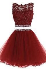 Lovely Two Piece Tulle with Lace Applique, Short Prom Dress