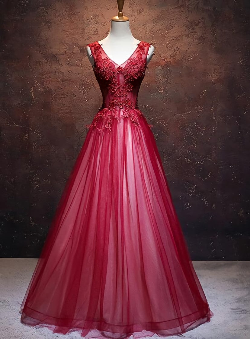 Lovely Wine Red V-neckline Tulle Party Gown, A-line Prom Dress