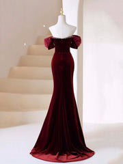 Burgundy Velvet Long Prom Dress, Mermaid Off Shoulder Evening Party Dress