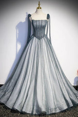 Gray Spaghetti Straps Long A-Line Prom Dress, Gray Evening Dress with Beaded