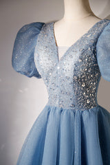 A-line V-neck Sequins Short Prom Dress, Blue Short Sleeve Evening Dress