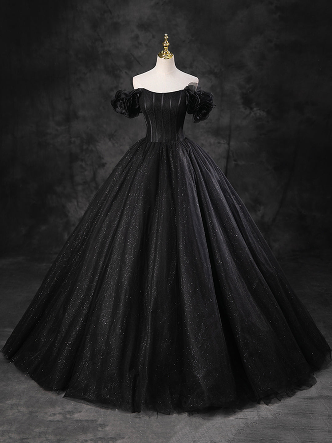 Black Sparkly Tulle Off the Shoulder Long Formal Dress, Elegant A-Line Black Evening Party Dress