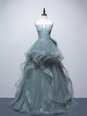 Dusty Green Spaghetti Strap Ruffled Floor-length Formal Dress, Cute Tulle Lace Evening Party Dress