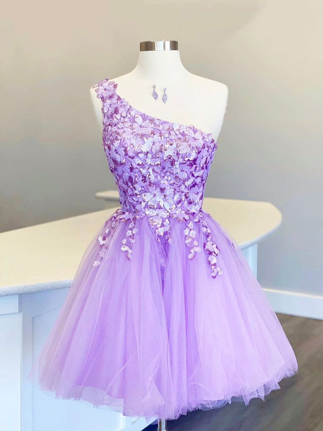 Cute Tulle Sequins Short Prom Dress, Purple One Shoulder Party Dress