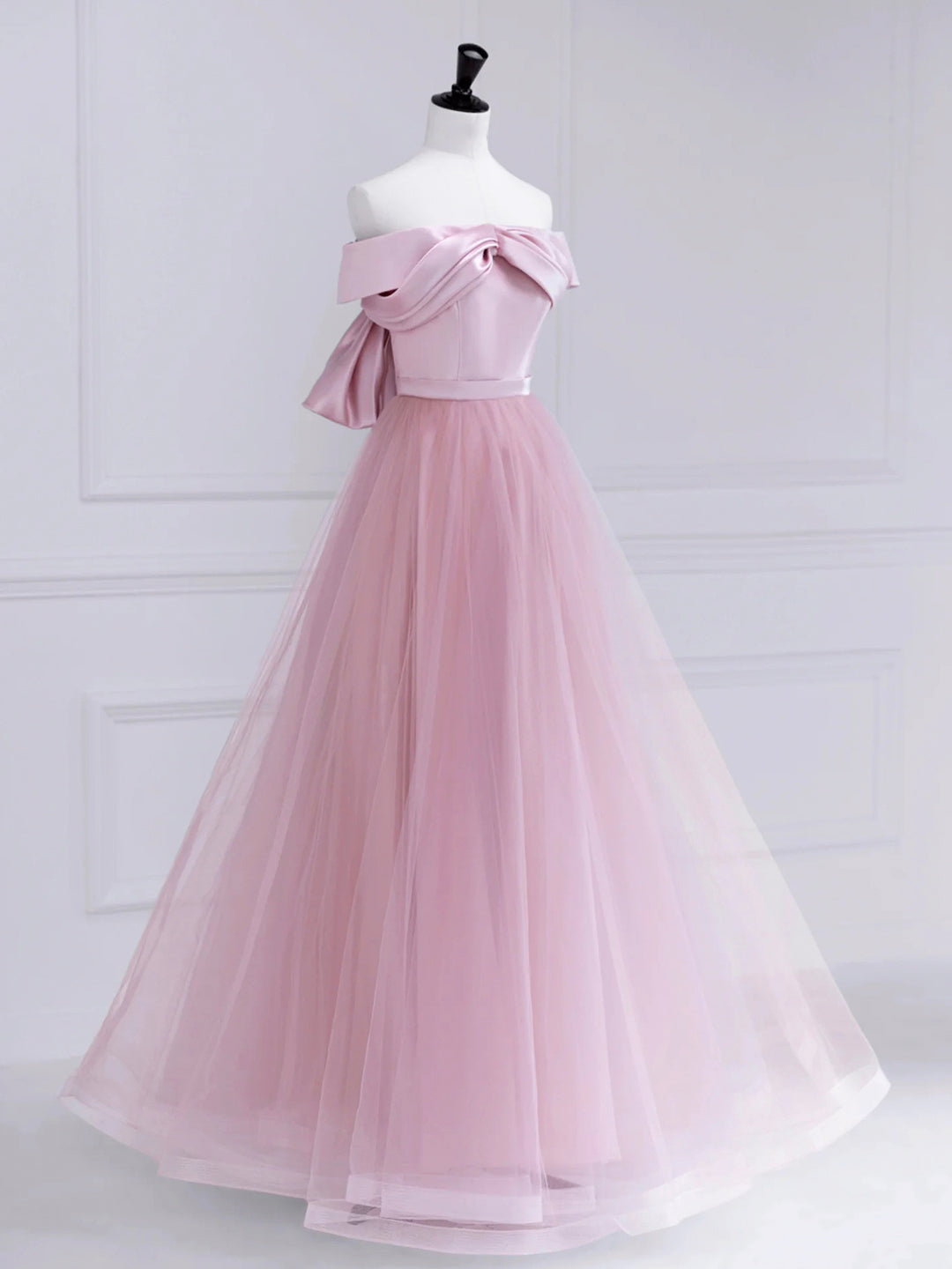 Pink Satin Tulle Long Prom Dress, Pink Off Shoulder Evening Dress