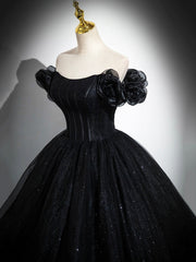 Sparkly Tulle Black Sweetheart Ball Gown, A-Line Off the Shoulder Evening Dress