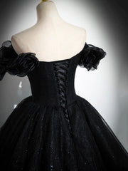 Sparkly Tulle Black Sweetheart Ball Gown, A-Line Off the Shoulder Evening Dress