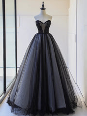 Black Strapless Tulle Lace Long Prom Dress, Black A-Line Sweetheart Neck Evening Party Dress