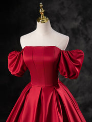 Burgundy Satin Off the Shoulder Formal Dress, A-Line Burgundy Evening Dress