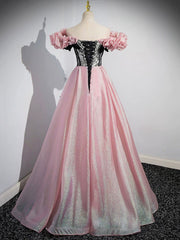 A-Line Shiny Tulle Long Pink Corset Prom Dress, Off the Shoulder Pink Evening Dress