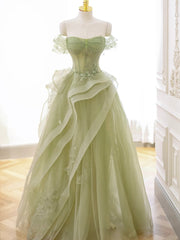 Green Tulle Long Floor Length Prom Dress, Beautiful A-Line Evening Party Dress with Lace