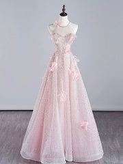 Pink Halter Shiny Tulle Long Prom Dress, Pink Tulle Evening Dress with Flowers