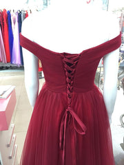 Maroon Off Shoulder Bridesmaid Dress  Long, Simple Tulle Dress