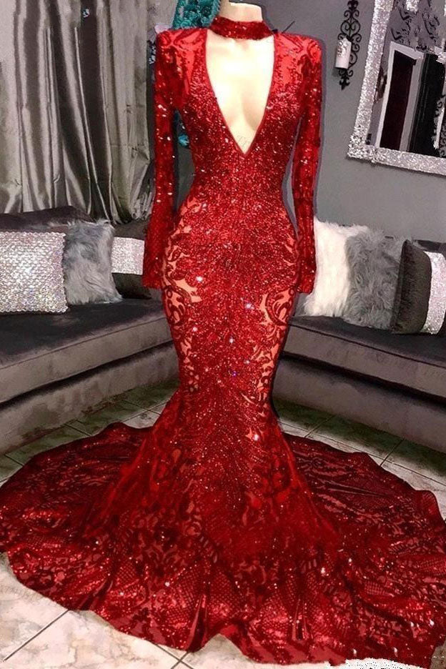 Mermaid High Neck Long Sleeves Prom Dress