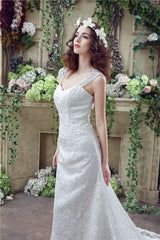 Mermaid Lace Sleeveless V-Neck Chapel Train Wedding Gowns