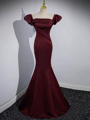 Mermaid off Shoulder Satin Burgundy Long Prom Dress, Burgundy Formal Dress