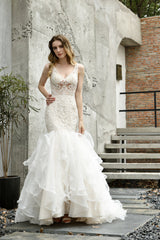 Mermaid Sleeveless V-Neck Wedding Dresses Sweep Train Ruffles Beaded