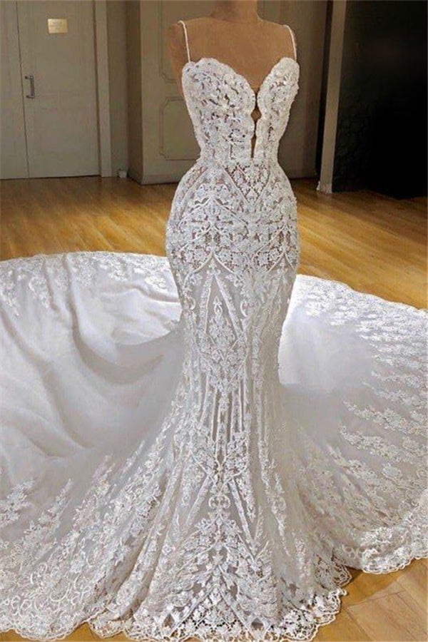 Modern Lace Mermaid Wedding Dresses Spaghetti Straps Appliques Bridal Gowns