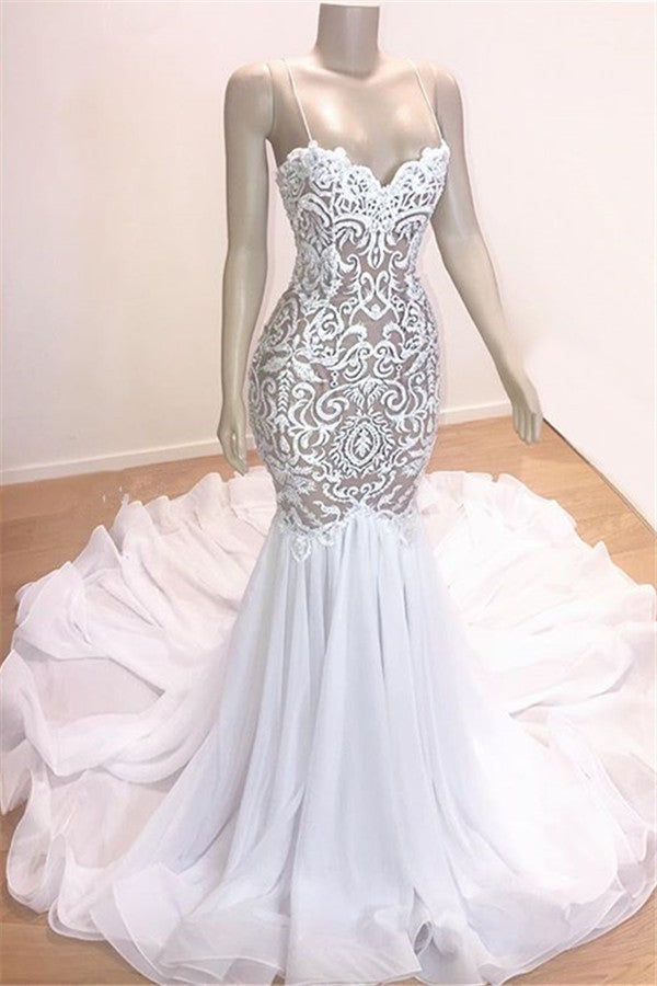 Modern Straps Mermaid Appliques Wedding Dresses Ruffless Bridal Gown