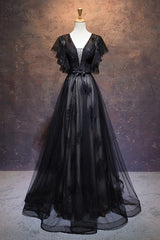 Modest Black Long A-line V-neck Black Prom Dresses Chic Party Dress