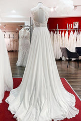 Modest Long A-line Chiffon Jewel Appliques Open Back Wedding Dress