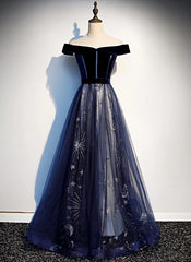 Navy Blue Floral Off Shoulder Velvet and Tulle Prom Dress, Blue Party Dress Formal Dress