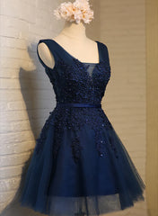 Navy Blue Knee Length Homecoming Dresses, V-neckline Short Formal Dresses