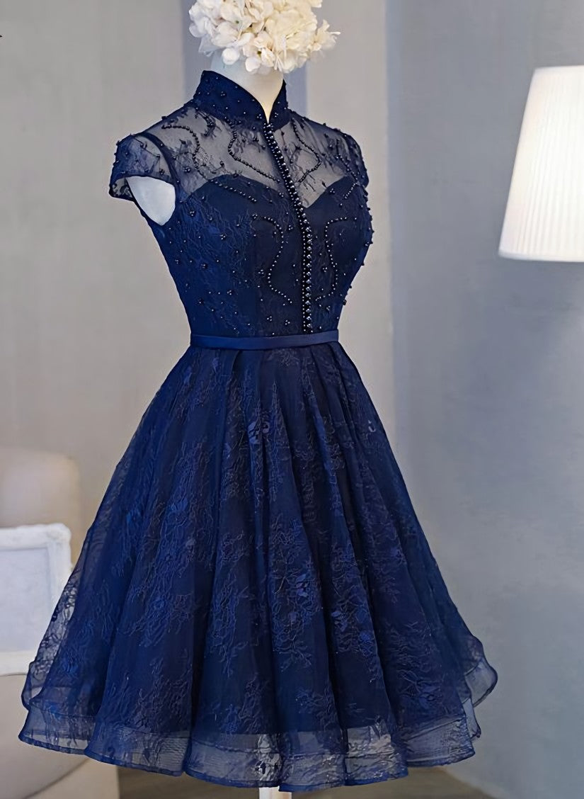 Navy Blue Knee Length Lace Party Dress, Homecoming Dress