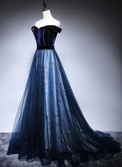 Navy Blue Off Shoulder Long Party Dress, Long Prom Dress