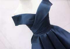 Navy Blue Satin Off Shoulder Bridesmaid Dress Party Dress, Short Prom Dress