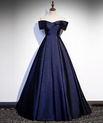 Navy Blue Satin Off Shoulder Long Prom Dress, Blue A-line Formal Dress, Evening Dress