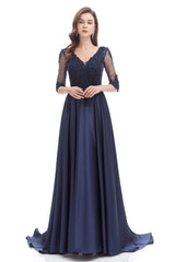 Navy Blue Satin V-neck Short Sleeve Beading Prom Dresses