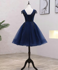 Navy Blue Tulle Beaded Knee Length Cap Sleeves Prom Dress, Blue Homecoming Dress