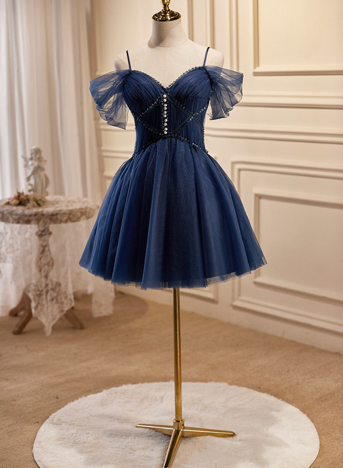 Navy Blue Tulle Beaded Short Prom Dress, Blue Tulle Off Shoulder Homecoming Dress