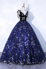 Navy Blue Tulle Long Prom Dress, Spaghetti Straps Lace Flower Backless Formal Dress