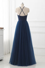 Navy Blue Tulle with Lace Applique Long Party Dress, Blue Prom Dress