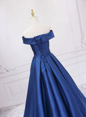 Off Shoulder Blue Satin A-line Floor Length Prom Dress, Blue Simple Formal Dress