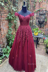 Off Shoulder Burgundy Lace Prom Dress, Off the Shoulder Burgundy Formal Dress, Burgundy Lace Evening Dress