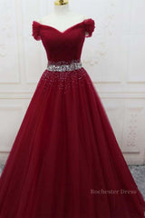 Off Shoulder Burgundy Tulle Long Prom Dresses with Sequins, Burgundy Tulle Formal Evening Dresses