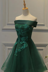 Off Shoulder Dark Green Short Party Dress, Tulle Homecoming Dresses