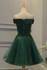 Off Shoulder Dark Green Short Party Dress, Tulle Homecoming Dresses