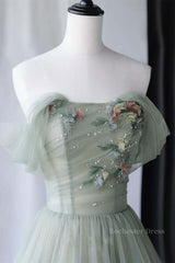 Off Shoulder Green Tulle Floral Long Prom Dresses, Off the Shoulder Green Formal Evening Dresses with 3D Flowers